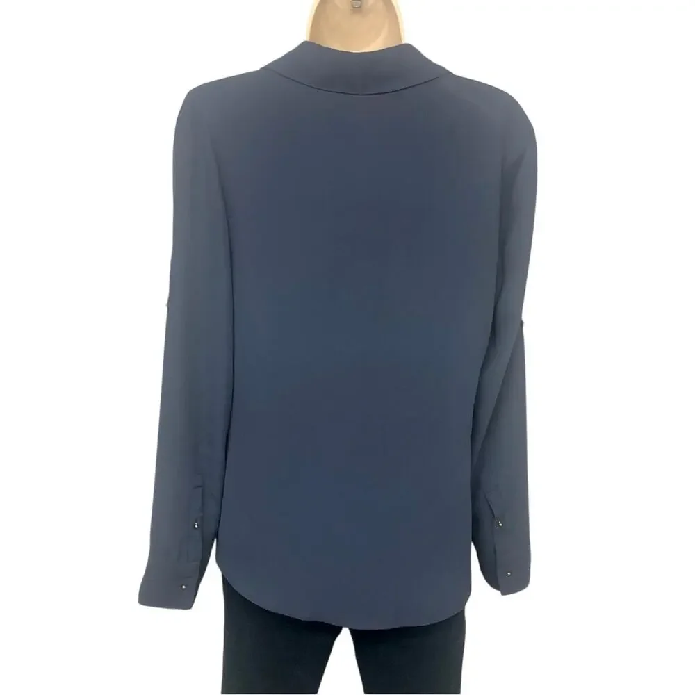 Express Blue Two Front Zip Pockets V Neck Breezy Popover Blouse Roll Tab Sleeve